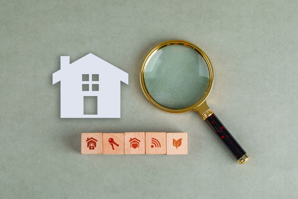 Conceptual of search real estate with wooden blocks, paper home icon and magnifying glass.